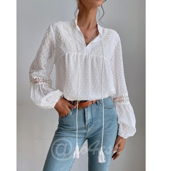 White Blouse Shirt Lantern Sleeves Tassel Ties French Style V-Neck Lace Detail - Picture 2 of 9